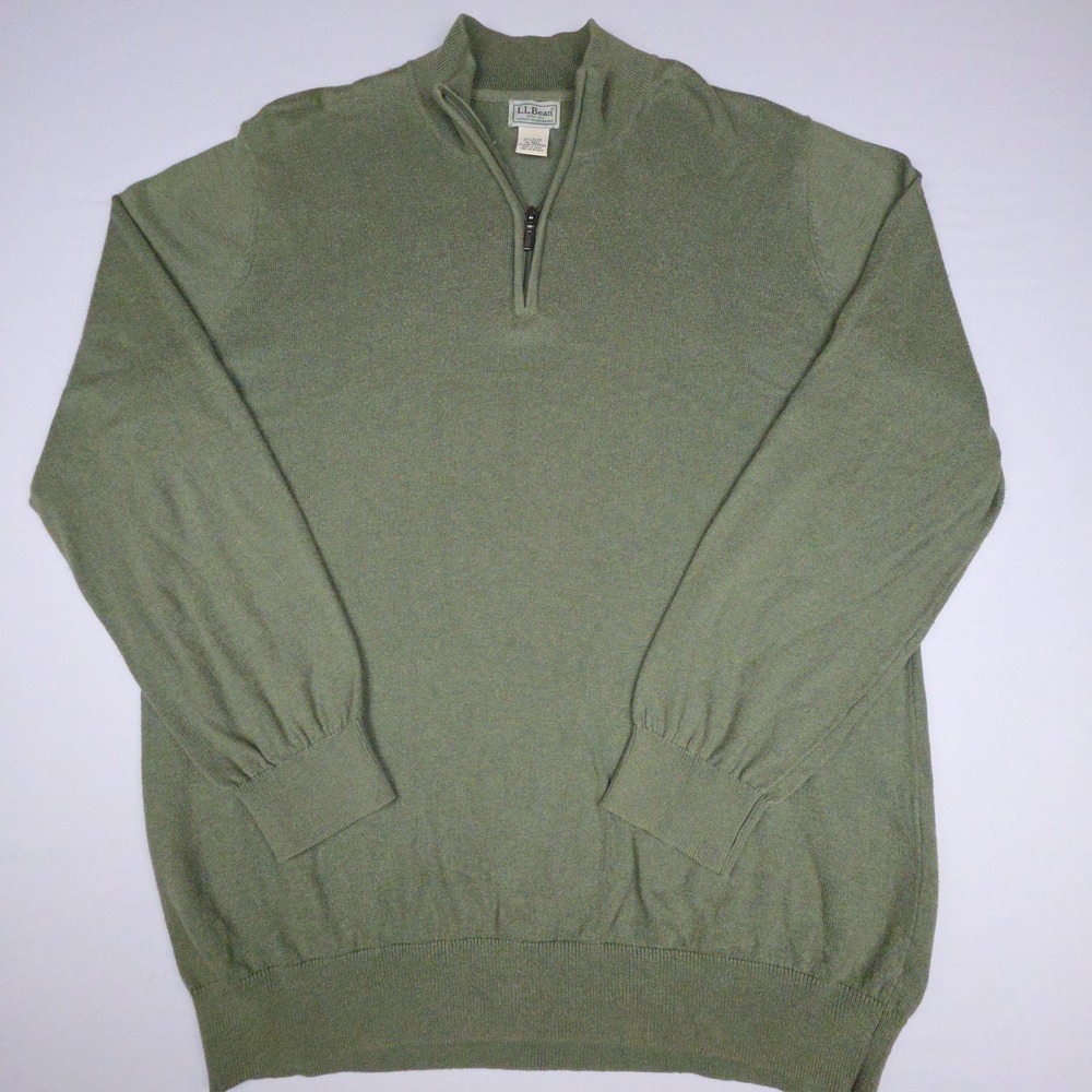 L.L. Bean Quarter Zip Pullover Sweater Mens XL Tall Green Cotton Cashmere Blend
